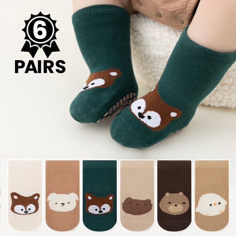Unisex Baby Socks Non Slip - 6 Çift Sevimli Karikatür Hayvan Bebek